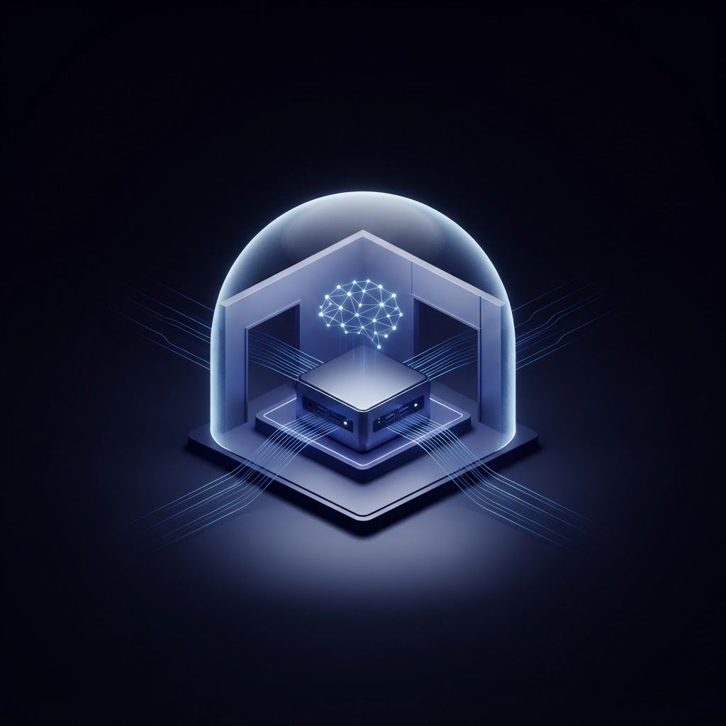 A private AI appliance glowing inside an office building, surrounded by a protective security dome that keeps data contained